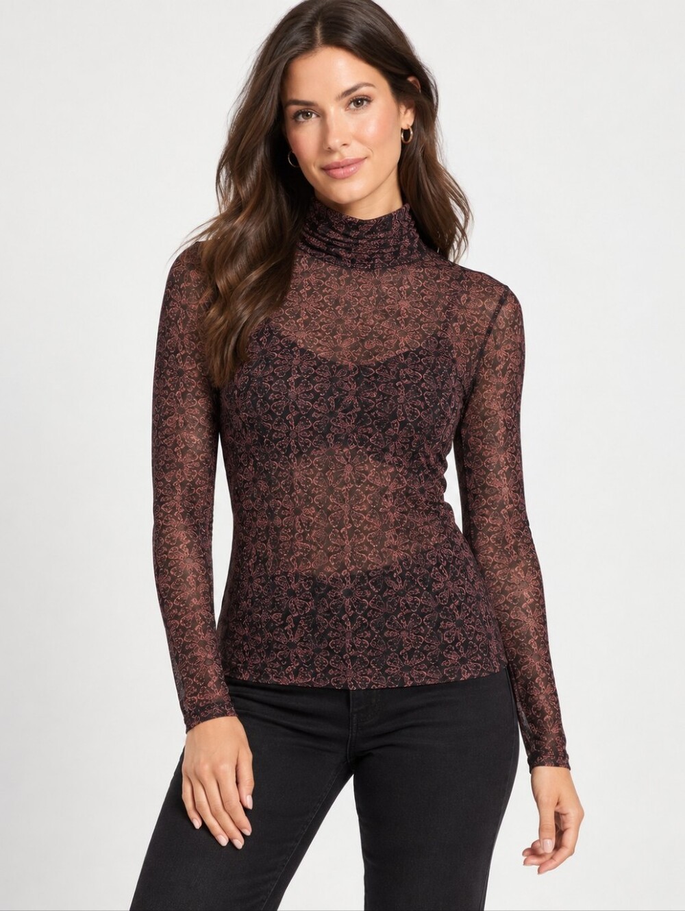 White House Black Market Sheer Ruched Turtleneck Mesh Top Women’s Small Floral